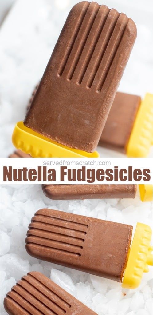 chocolate fudgesicle held by a hand and on a plate with ice and Pinterest pin text.