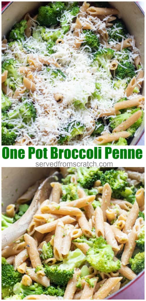 a pot of broccoli and penne topped with cheese and then mixed with a wooden spoon with Pinterest pin text.