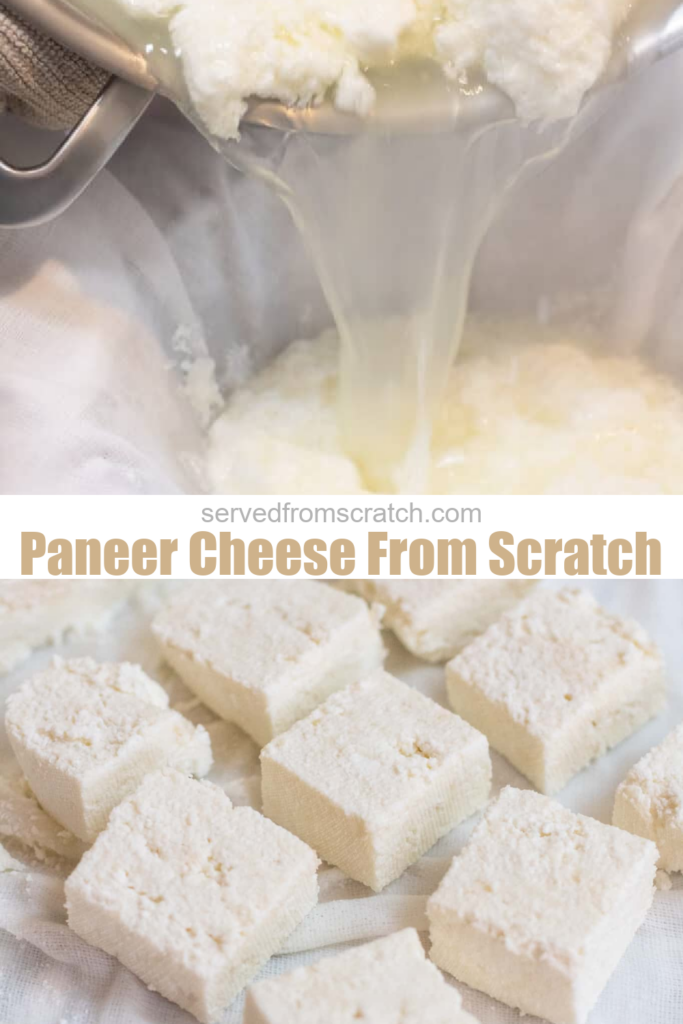 cheese being poured in a cheese cloth and cut paneer cheese.