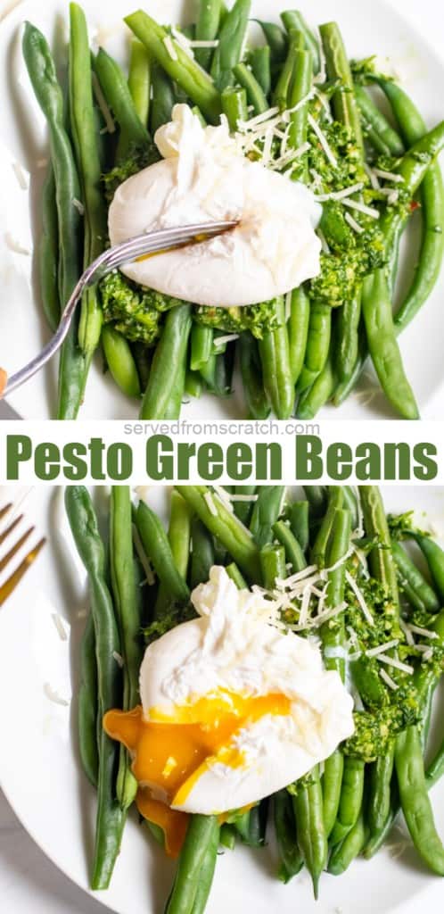 a plate with green beans and pesto and a poached egg with a fork and then the runny egg broken and Pinterest pin text.