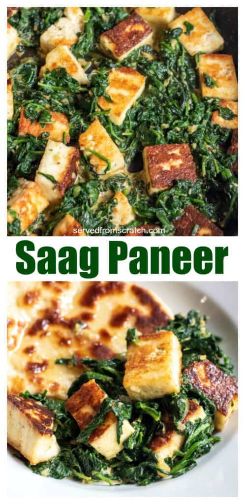 spinach in a pan with seared paneer and in a plate with naan with Pinterest pin text.