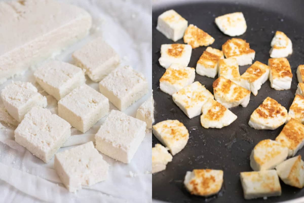 cubed paneer in a cheese cloth with paneer searing in a pan.