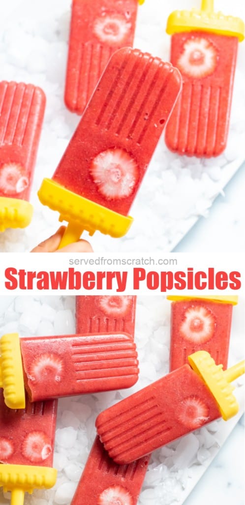 a hand holding a strawberry popsicle and a plate of them with pinterest pin text.
