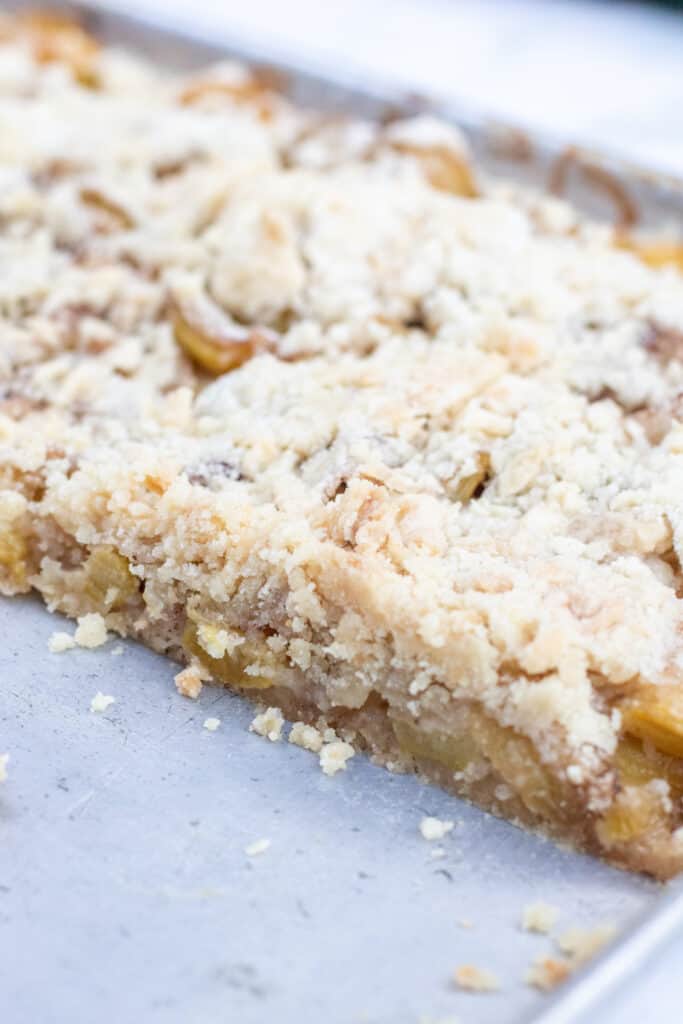 a close up of a pan of baked bars.