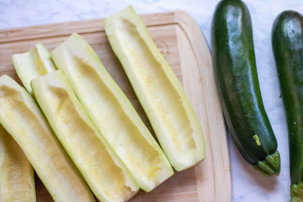 halved zucchinis de-seeded.