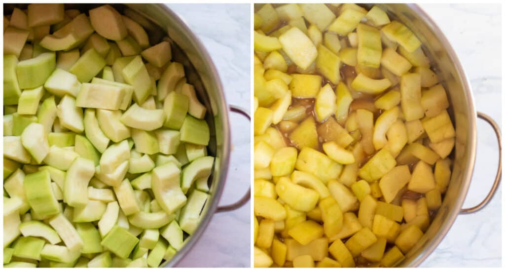 pot of raw zucchini and pot of cooked zucchini.