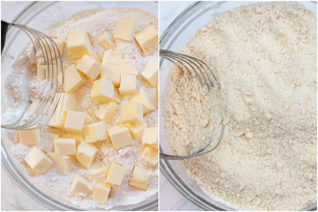 two bowls with flour and sugar, one with cubed butter and one with butter cut in.