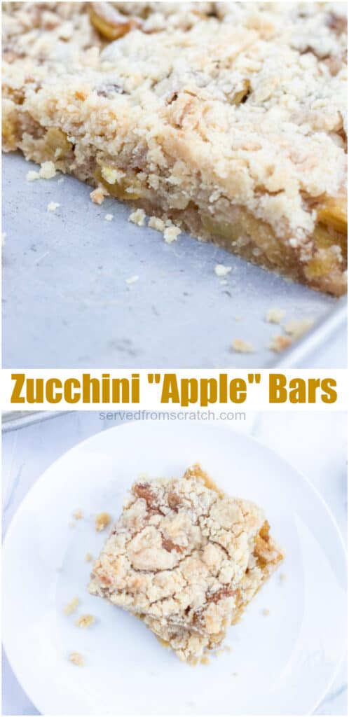 a pan of zucchini bars and a plate of bars with Pinterest pin text.