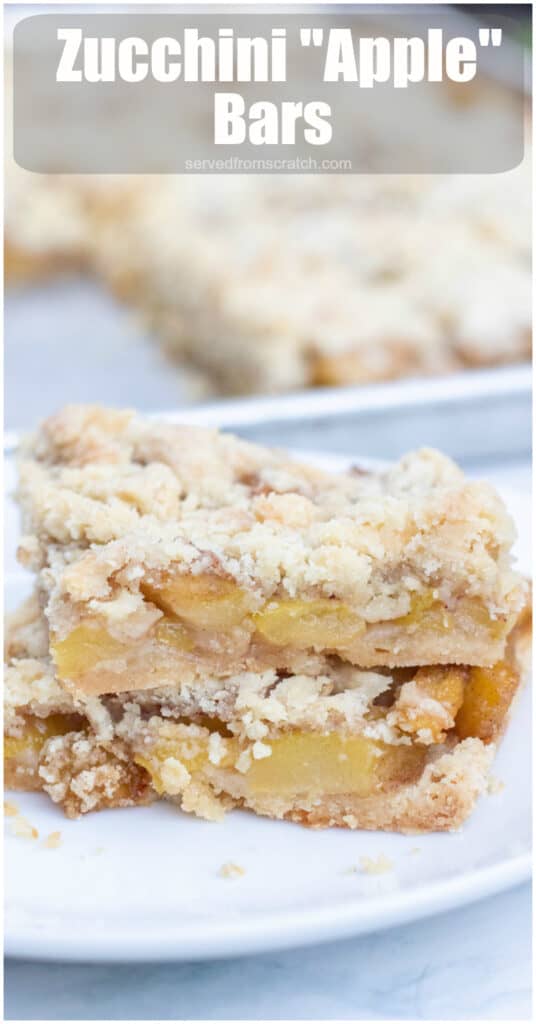 a plate of two stacked zucchini bars on a plate with Pinterest pin text.