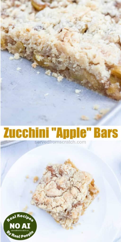 a baked tray of bars with half taken out, Pinterest pin text, and an overhead of a bar on a plate with NO AI sticker.