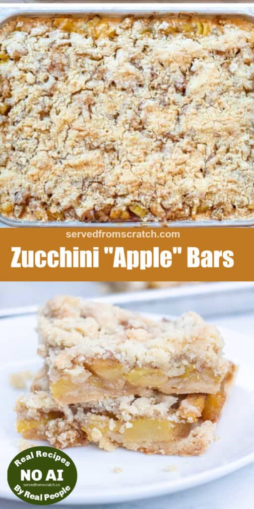 2 stacked baked zucchini bars with Pinterest pin text with NO AI sticker and a baked tray.