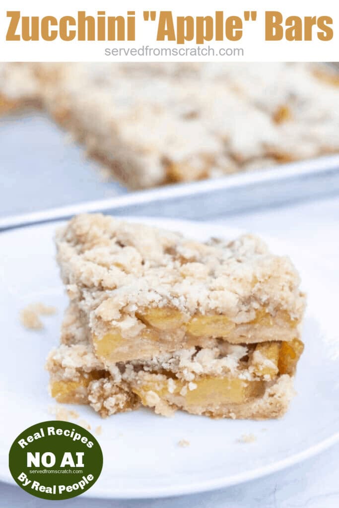 2 stacked baked zucchini bars with Pinterest pin text with NO AI sticker.