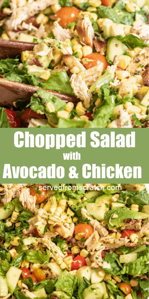 overhead of a large bowl of chicken chopped salad with Pinterest Pin Text.