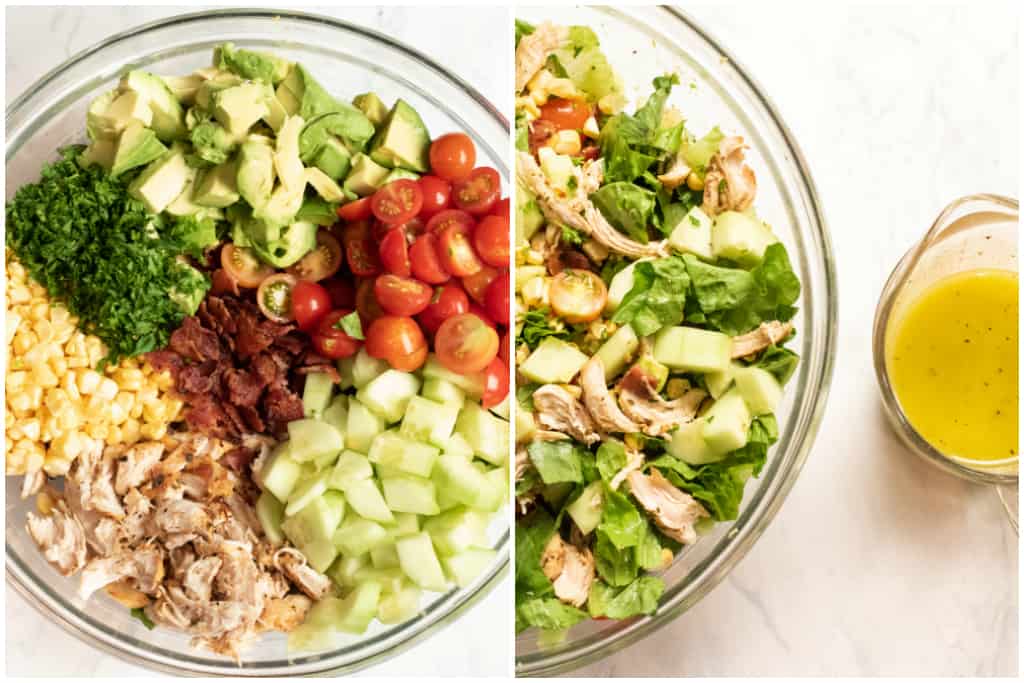 bowls of salad ingredients and mixed and then vinaigrette in a dish