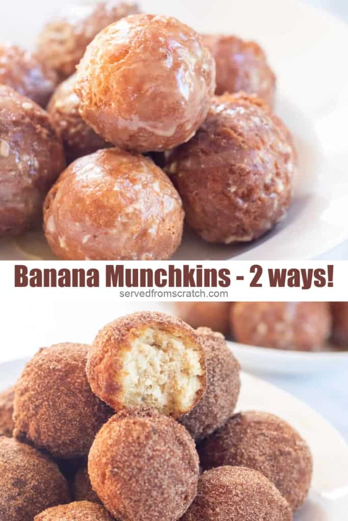 2 plates of munchkins, some glazed and some sugar and cinnamon coated with PInterest pin text.