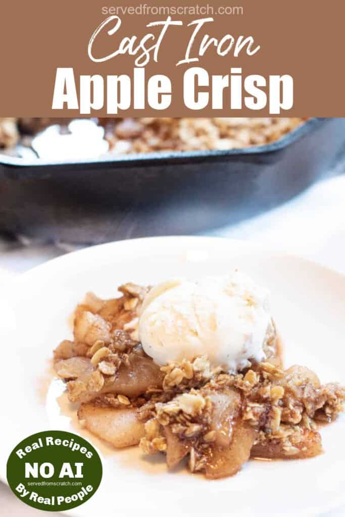 a plate of apple crisp topped with ice cream with Pinterest pin text with NO AI sticker.