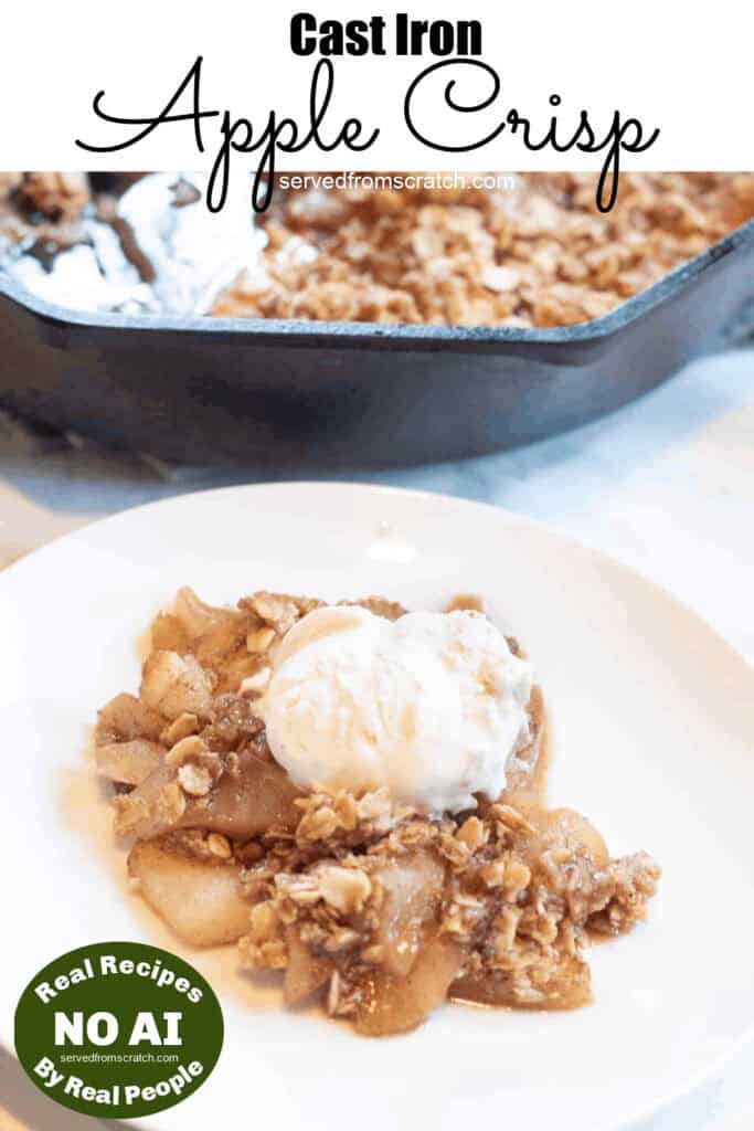 a plate of apple crisp topped with ice cream with Pinterest pin text with NO AI sticker.