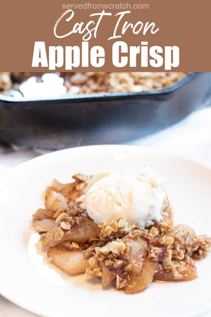 a plate of apple crisp topped with ice cream with Pinterest pin text.