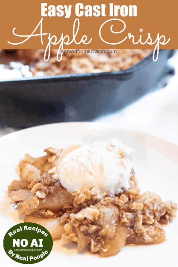 a plate of apple crisp topped with ice cream with Pinterest pin text with NO AI sticker.