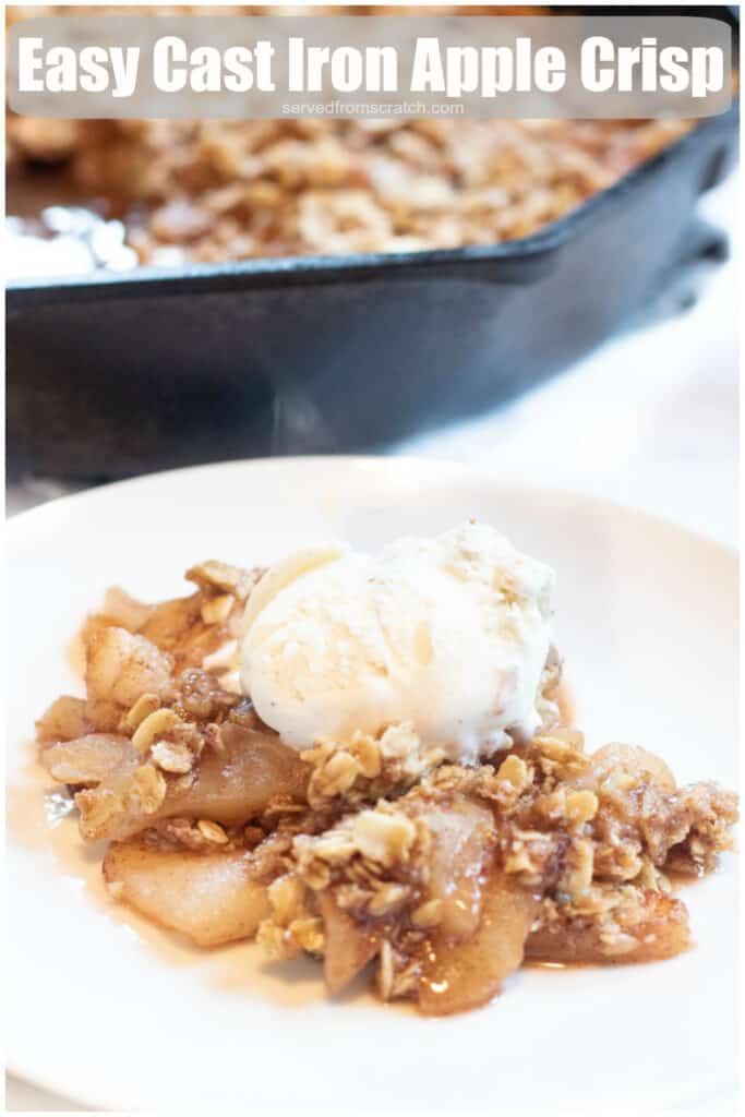 a plate of apple crisp with ice cream on top with Pinterest pin text.