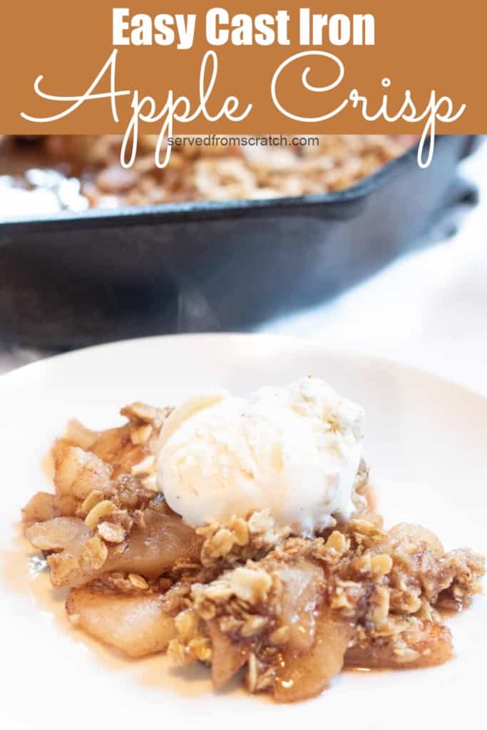 a plate of apple crisp with ice cream on top with Pinterest pin text.