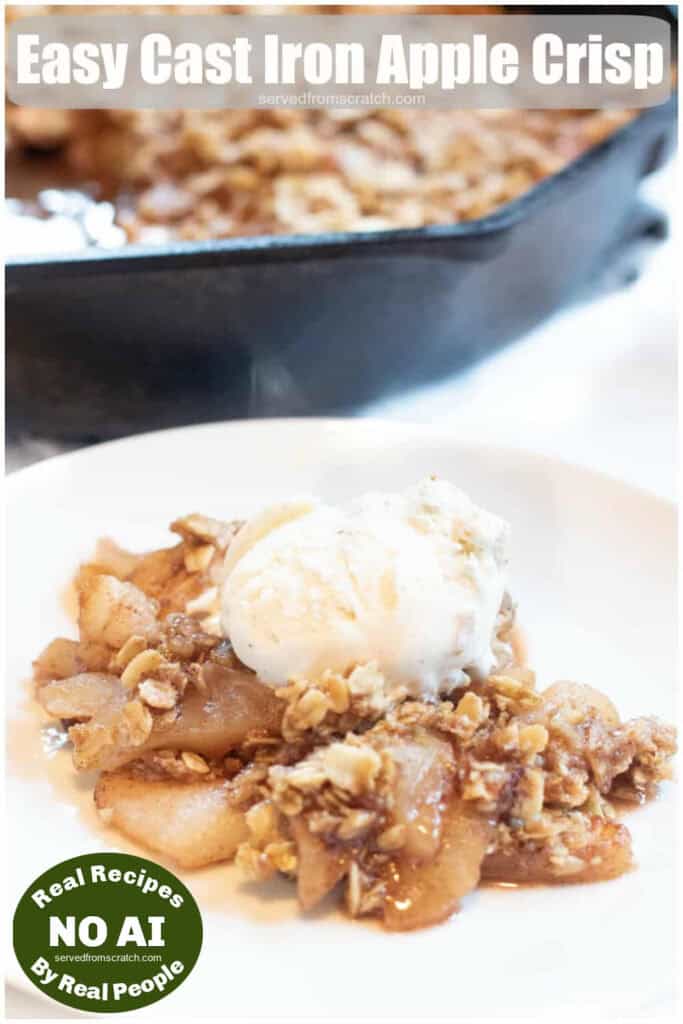 a plate of apple crisp topped with ice cream with Pinterest pin text with NO AI sticker.