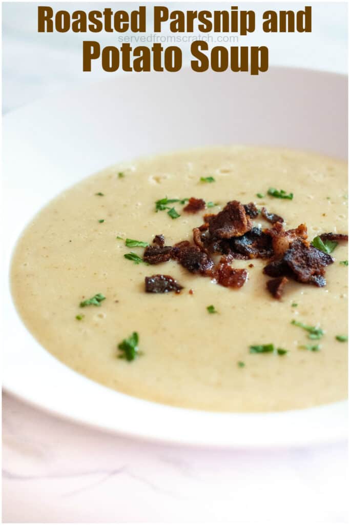 a bowl of creamy soup with crumbed bacon on top with Pinterest pin text.