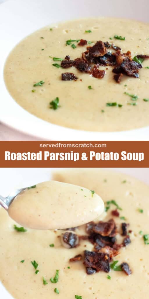 a bowl of creamy soup with parsley and crumbled bacon, Pinterest pin text, and a spoon holding up a thick spoonful of the soup over the bowl.