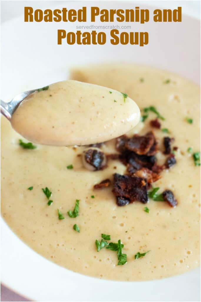a spoon holding soup over a bowl of soup with Pinterest pin text.