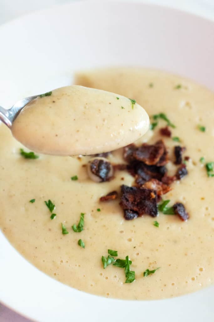 a close up of a spoonful of soup in front of a bowl of soup