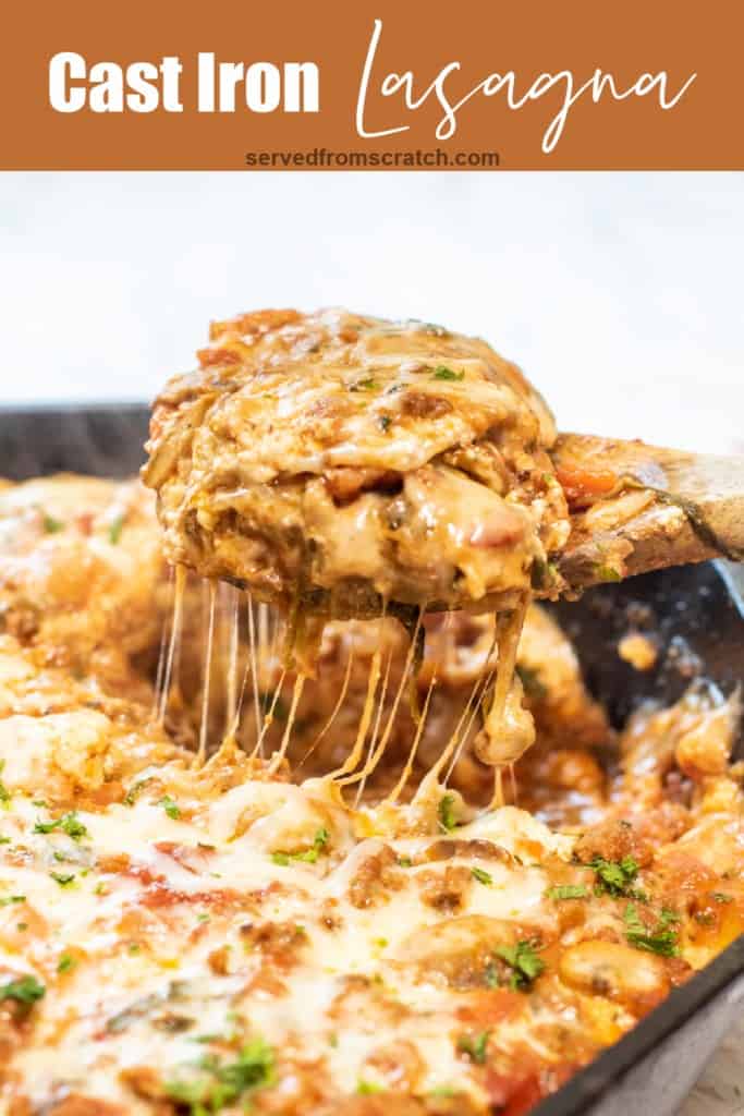 a piece of lasagna coming out of a cast iron skillet with Pinterest pin text.