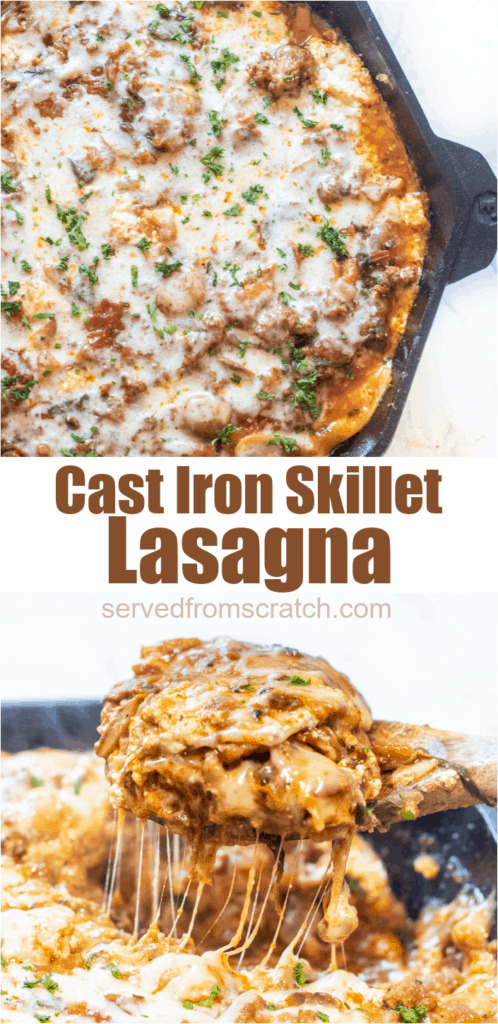 cast iron lasagna and wooden spoon with a piece of lasagna with Pinterest pin text.