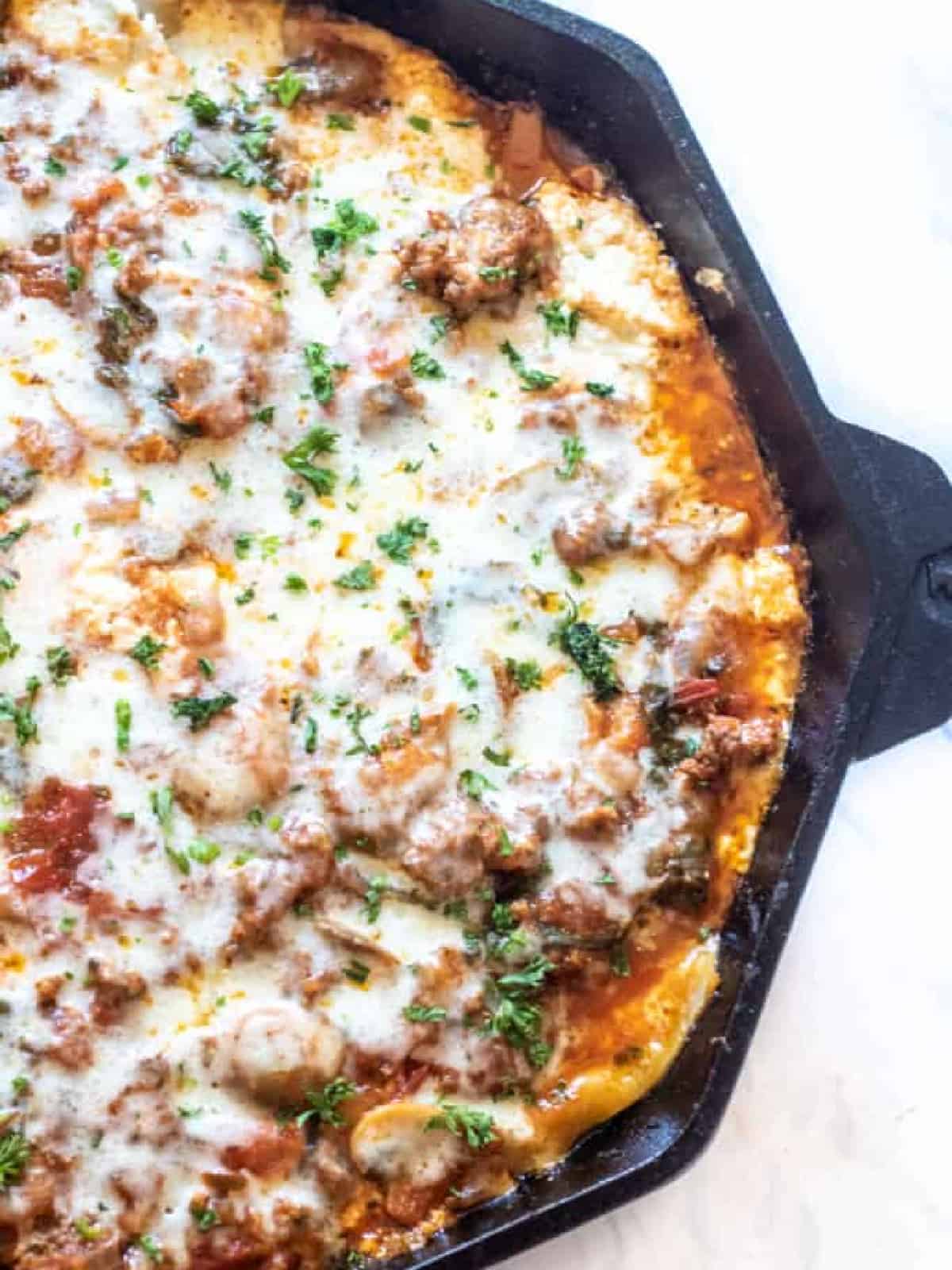 overhead of a cast iron lasagna.