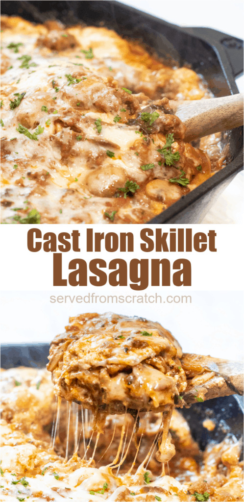 cast iron lasagna and wooden spoon with a piece of lasagna with Pinterest pin text.