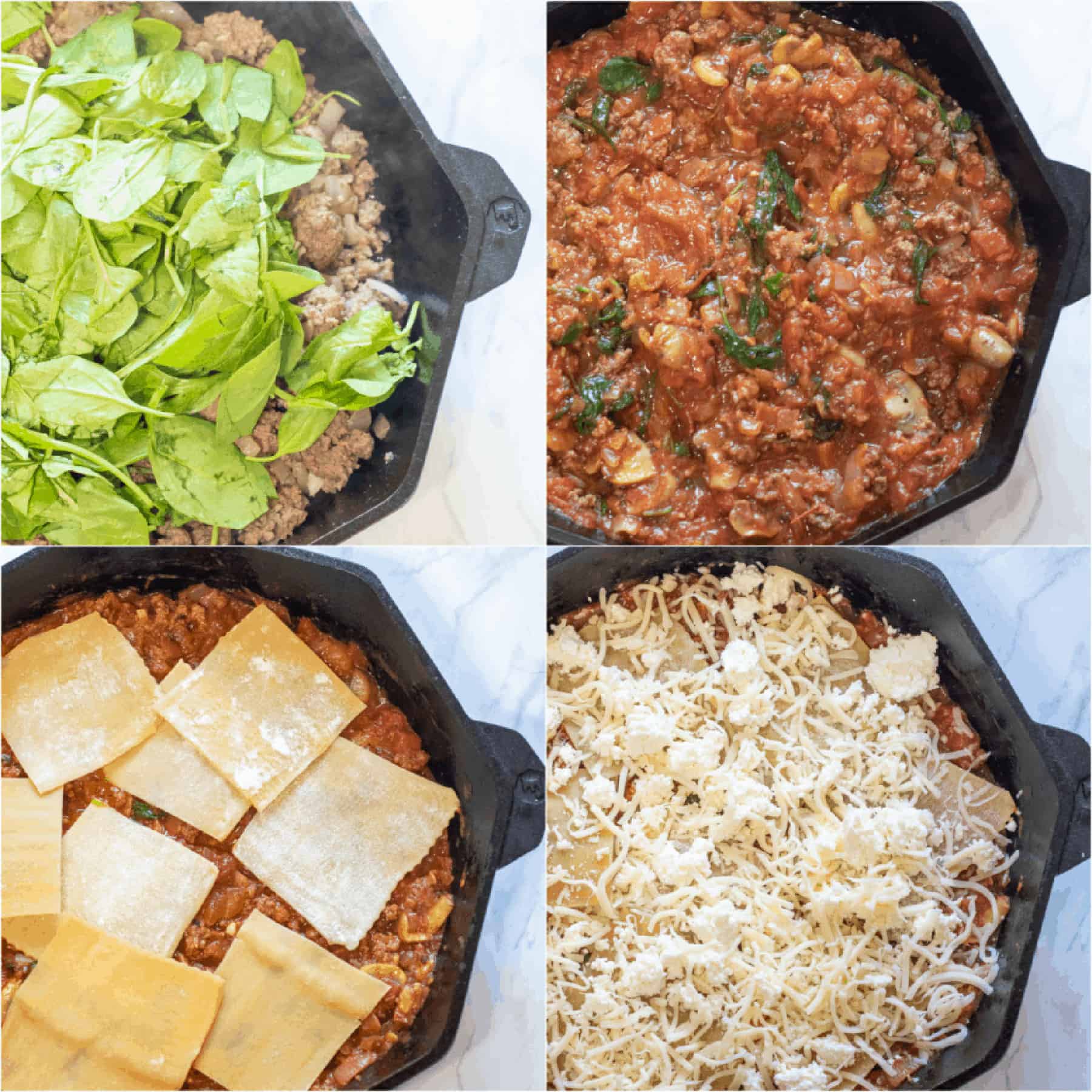 4 cast irons, one with ground beef and spinach, one mixed with mushroom sauce, one topped with lasagna noodles, and one with cheese.