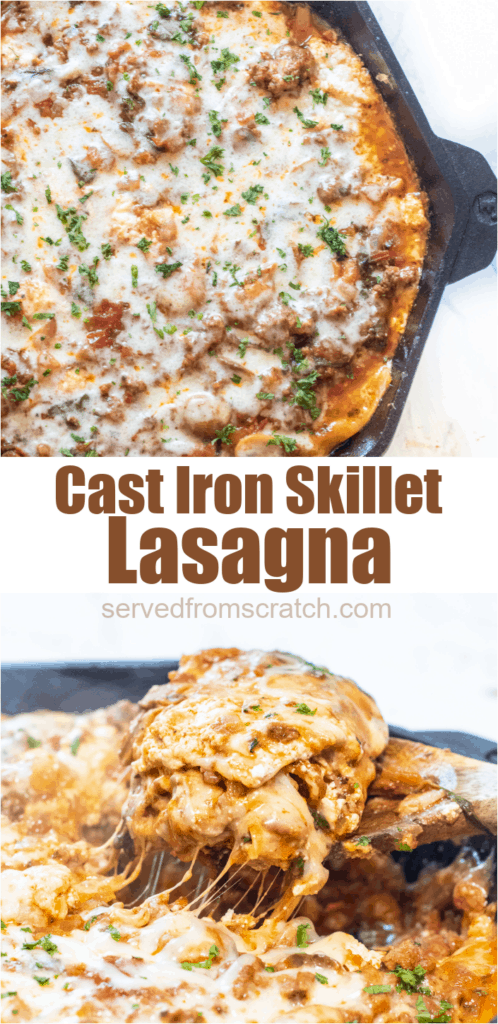 cast iron lasagna and wooden spoon with a piece of lasagna with Pinterest pin text.