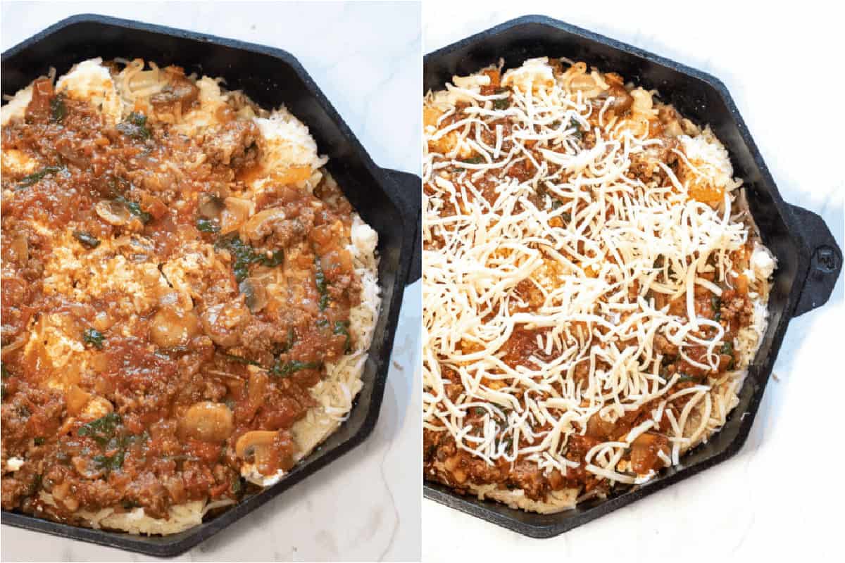 a cast iron of mushroom marinara over lasagna noodles and then topped with cheese.