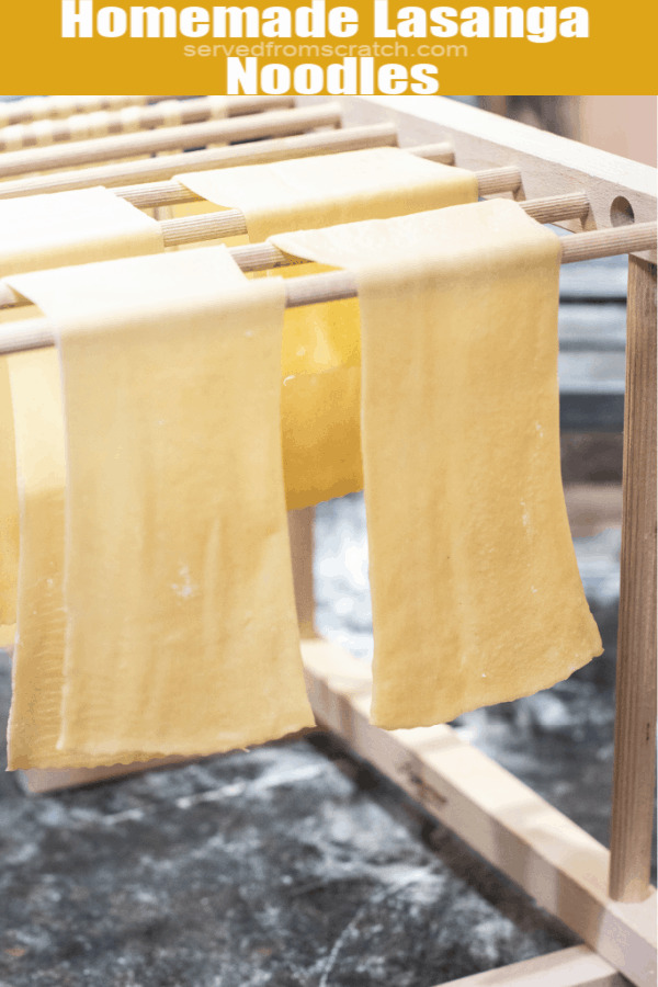 lasagna noodles hanging to dry with Pinterest pin text.