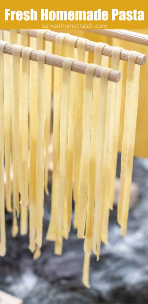fresh pasta drying on a rack with Pinterest pin text.