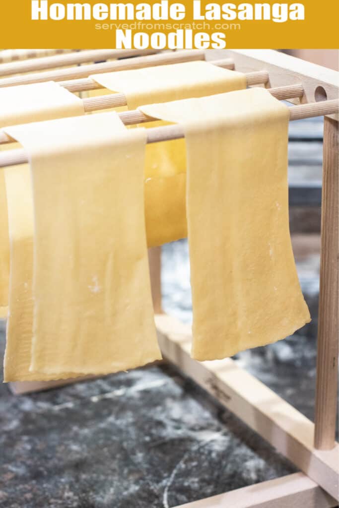 lasagna noodles drying on a rack with Pinterest pin text.