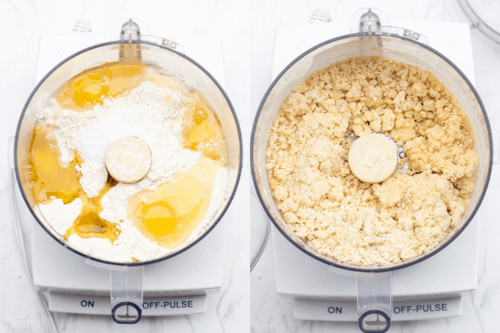 overhead of two food processors with eggs and flour and crumbled dough