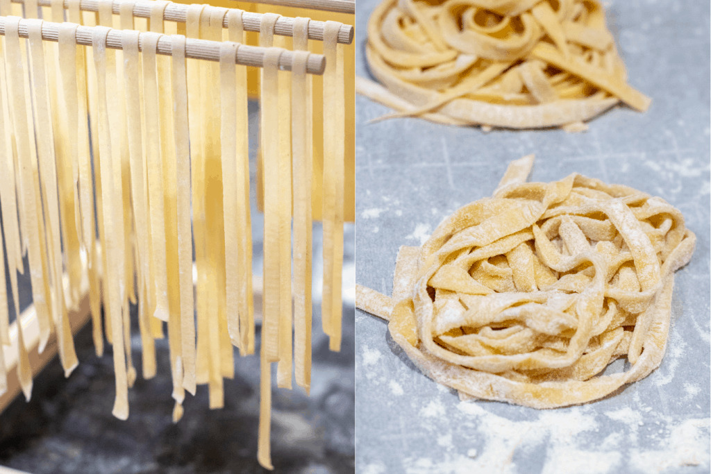 fresh linguine pasta drying on rock and in nests