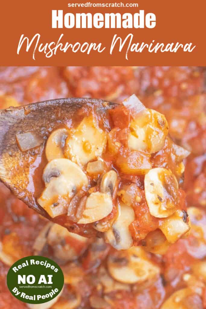 a wooden spoon with mushroom marinara with Pinterest pin text and NO AI sticker.