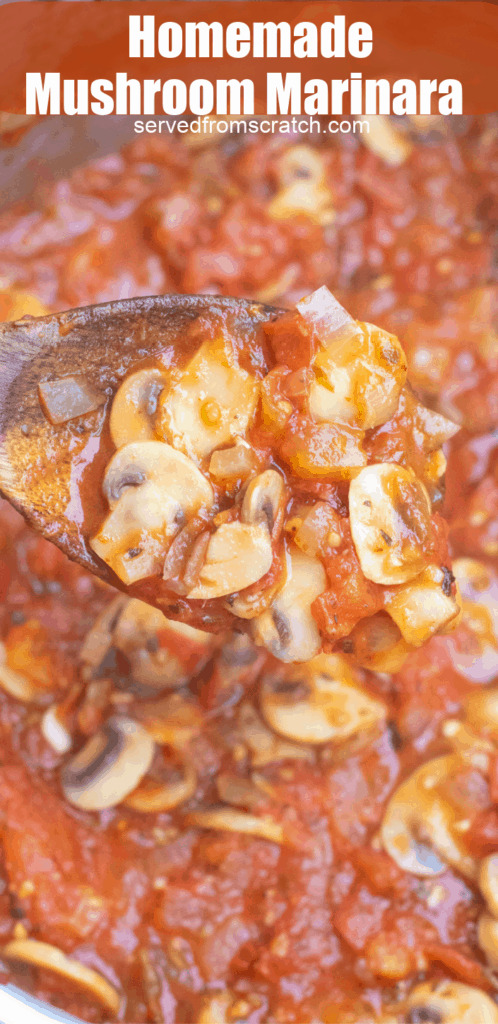 a wooden spoon scooping mushroom marinara in pot with Pinterest pin text.