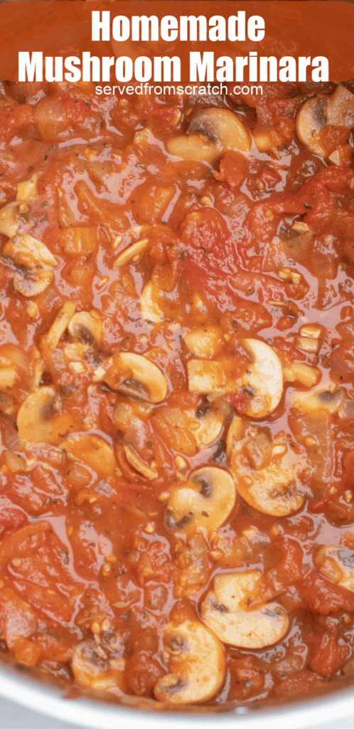 an overhead of a large pot with mushroom marinara with Pinterest pin text.