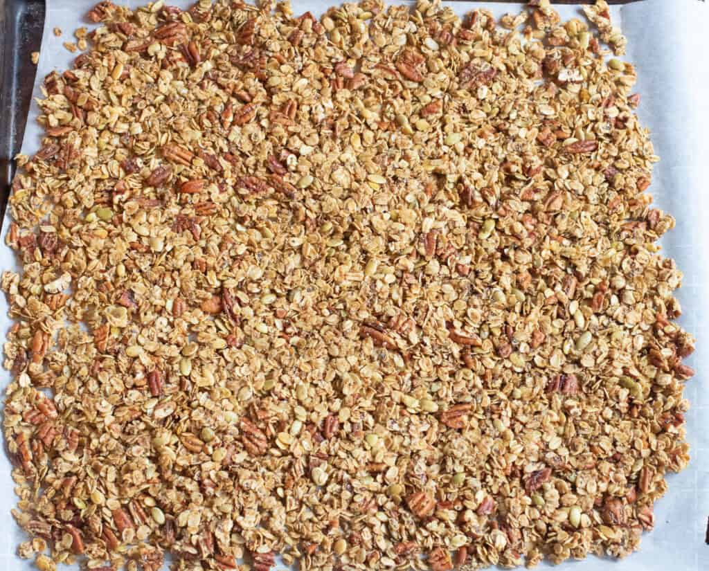 a baked sheet of pecan granola 