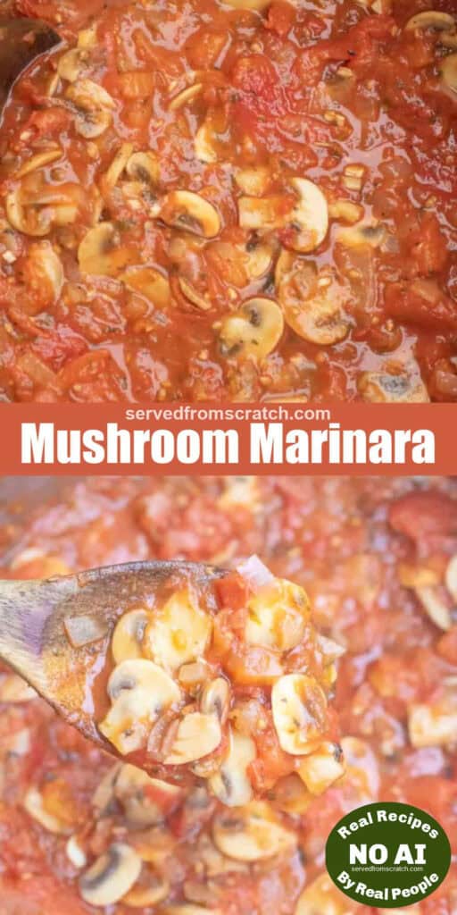 an overhead of tomato mushroom marinara with Pinterest pin text nad then a spoon holding some mushroom packed sauce up with Pinterest pin text.