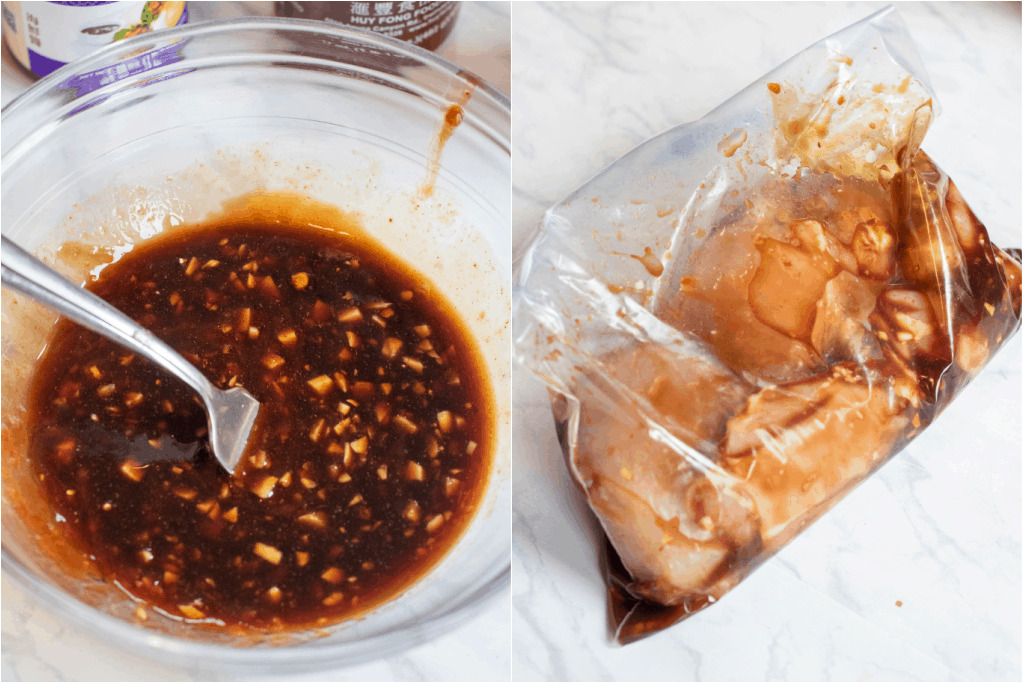 a bowl with sauce and a bag of chicken marinating 