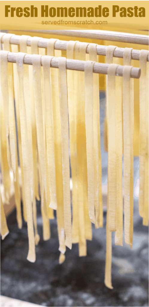 fresh pasta drying on a rack with Pinterest pin text.