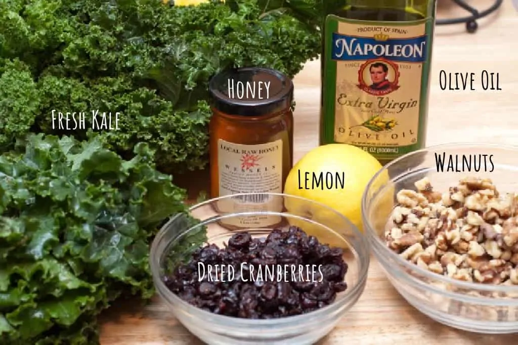 kale, cranberries, honey, olive oil, lemon, and walnuts